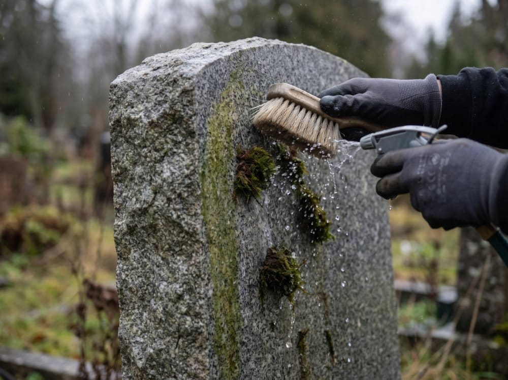 Grabstein wird mit weicher Bürste und lauwarmem Wasser von Moos befreit