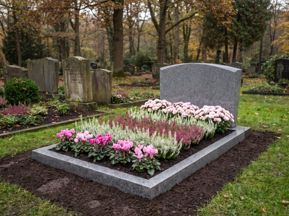 Gepflegtes Grab mit grauem Granitstein im Herbst